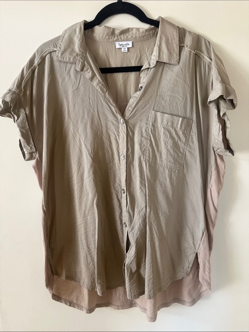 Splendid Taupe and Blush Short-Sleeve Two-Tone Button-Down Shirt
